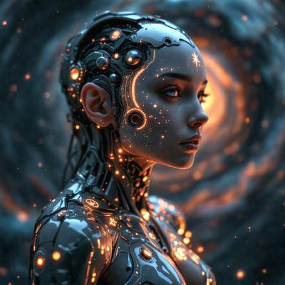 The primary subject of the image is a woman with a futuristic, cyberpunk appearance. She is wearing a silver outfit and has a glowing, neon-like effect on her face. The setting is a dark, space-like environment, with a backdrop of a bright, glowing circle. The visual style of the image is a combination of photo and digital art, creating a unique and captivating scene. The colors and mood of the image are predominantly dark and mysterious,